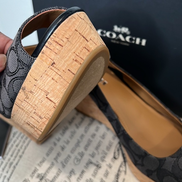 COACH Ferry Signature C Wedge Cork Heel. Jacquard Fabric.  Size 9.5 Black-Smoke - Picture 13 of 17